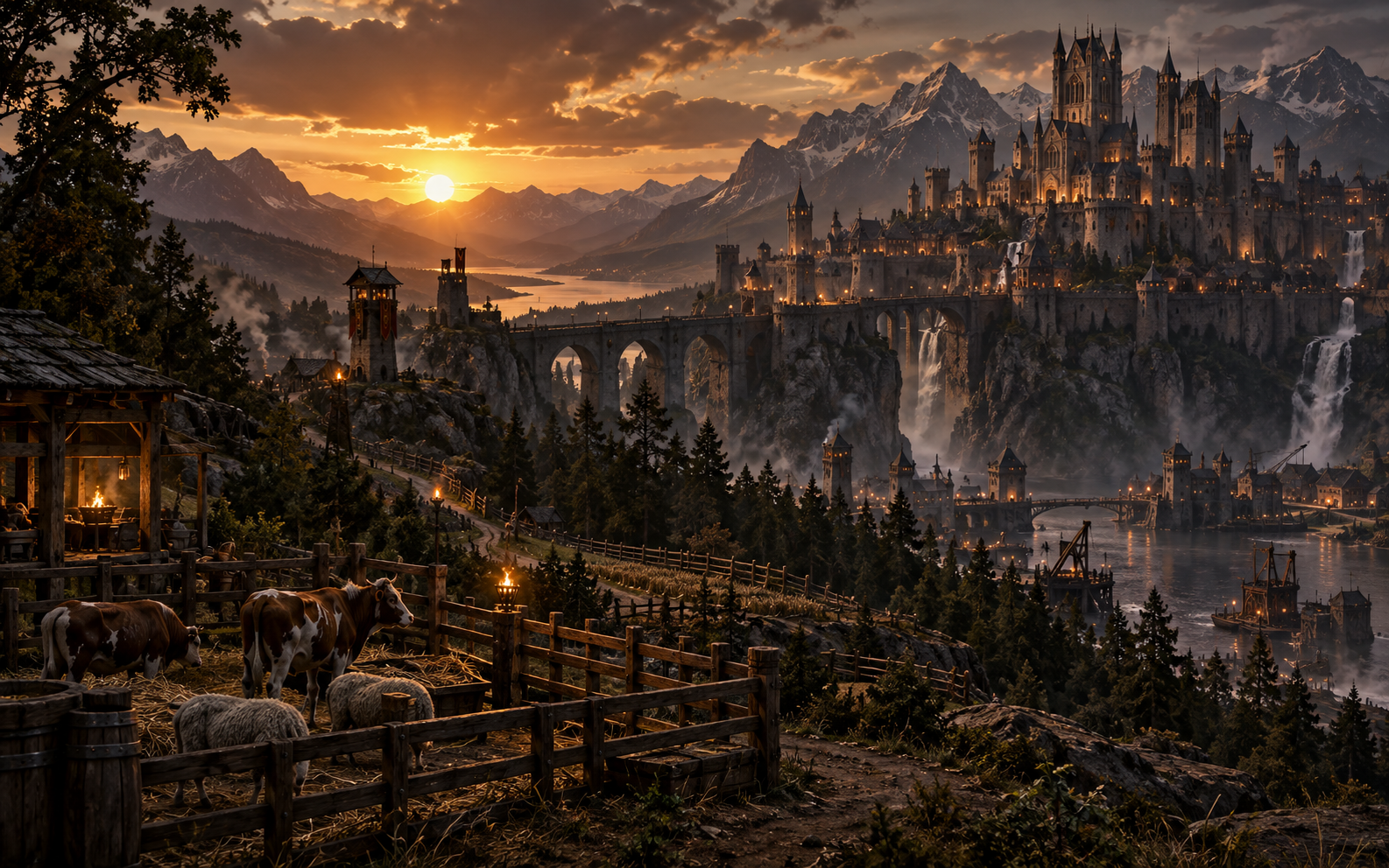 Veldur medieval kingdom with castle, livestock farm and mountain landscape